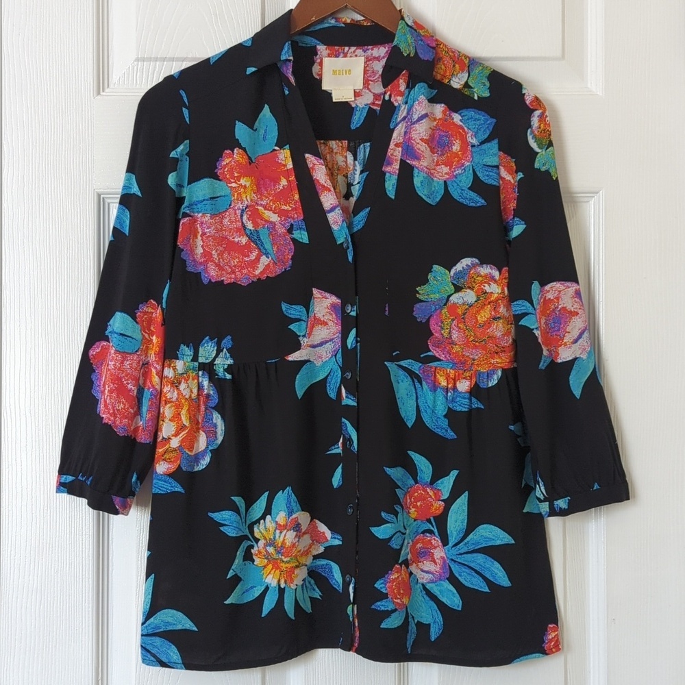 Maeve by Anthropologie Woodland Walk Floral Quarter Sleeve Button Down Blouse 2